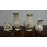 Lot of 3x Belleek Vases and Donegal Crystal Clock