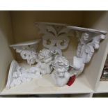 Lot of 2 pairs of White Wood Wall Sconces (large and small), Pair of Cherub Ornaments