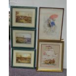Lot of 3 Green-framed Hunting Prints, Needlework & Drawing