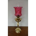 Victorian Brass Oil Lamp with Cranberry Shade