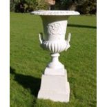 Pair of Antique White Cast Iron Garden Urns with Decorative Handle Detail on Bases W: 45cm H: 90cm