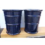 Pair of Large Glazed Pots - Navy with Pattern