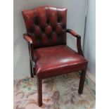 Button Back Oxblood Leather Carver Chair