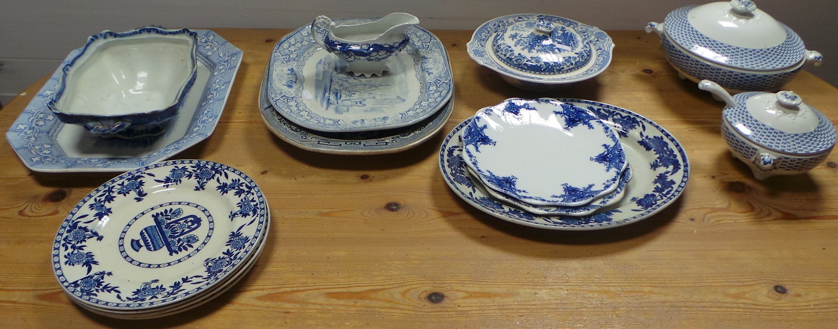 Quantity of Blue and White Delph including tureens "Basket" Soho Pottery limited, Meat Dishes etc.