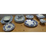 Quantity of Blue and White Delph including tureens "Basket" Soho Pottery limited, Meat Dishes etc.