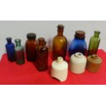 Lot of 8x Apothecary small coloured bottles and 3 miniature earthenware vessels