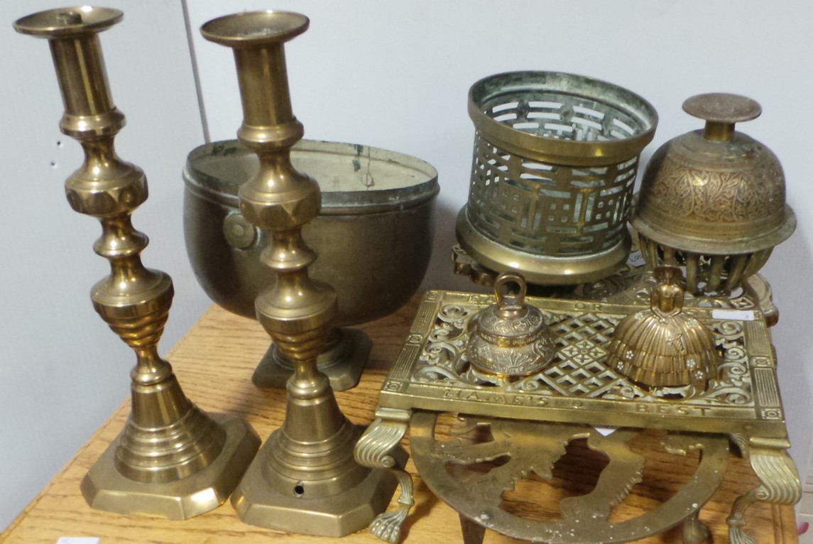 Assorted Lot of Brassware including Pair of Candlesticks, Tea pot , Trinkets etc.