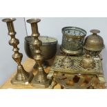 Assorted Lot of Brassware including Pair of Candlesticks, Tea pot , Trinkets etc.