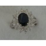 White Gold Diamond/Sapphire Cluster Ring, 1 carat Diamond, 1 carat Sapphire Size O