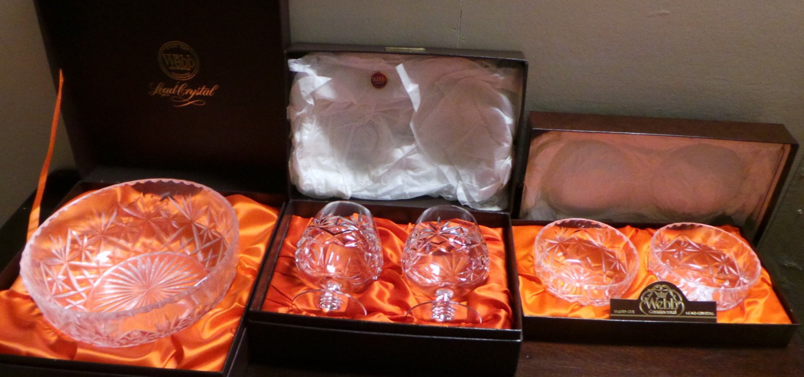 Set of Boxed Webb Crystal including Fruit Bowl, Brandy Snifter, and Bon Bon Dishes