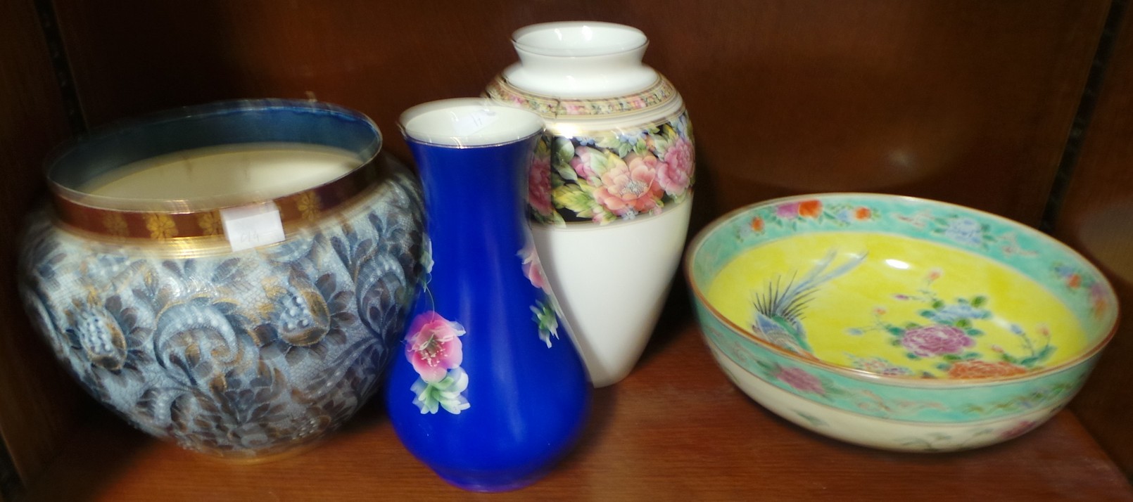 Doulton Jardinière, Wedgewood Vase, Nippon Fruit Bowl, and Blue Floral Vase
