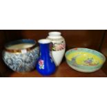 Doulton Jardinière, Wedgewood Vase, Nippon Fruit Bowl, and Blue Floral Vase