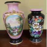 Large Hand painted Pink Vase and Hand painted Black Floral Vase