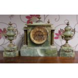 3 Piece Green Piece Marble and Brass Clock Set