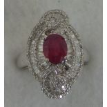 18ct Diamond/Ruby Cluster Ring, 1 carat Ruby, 2 carat Diamond
