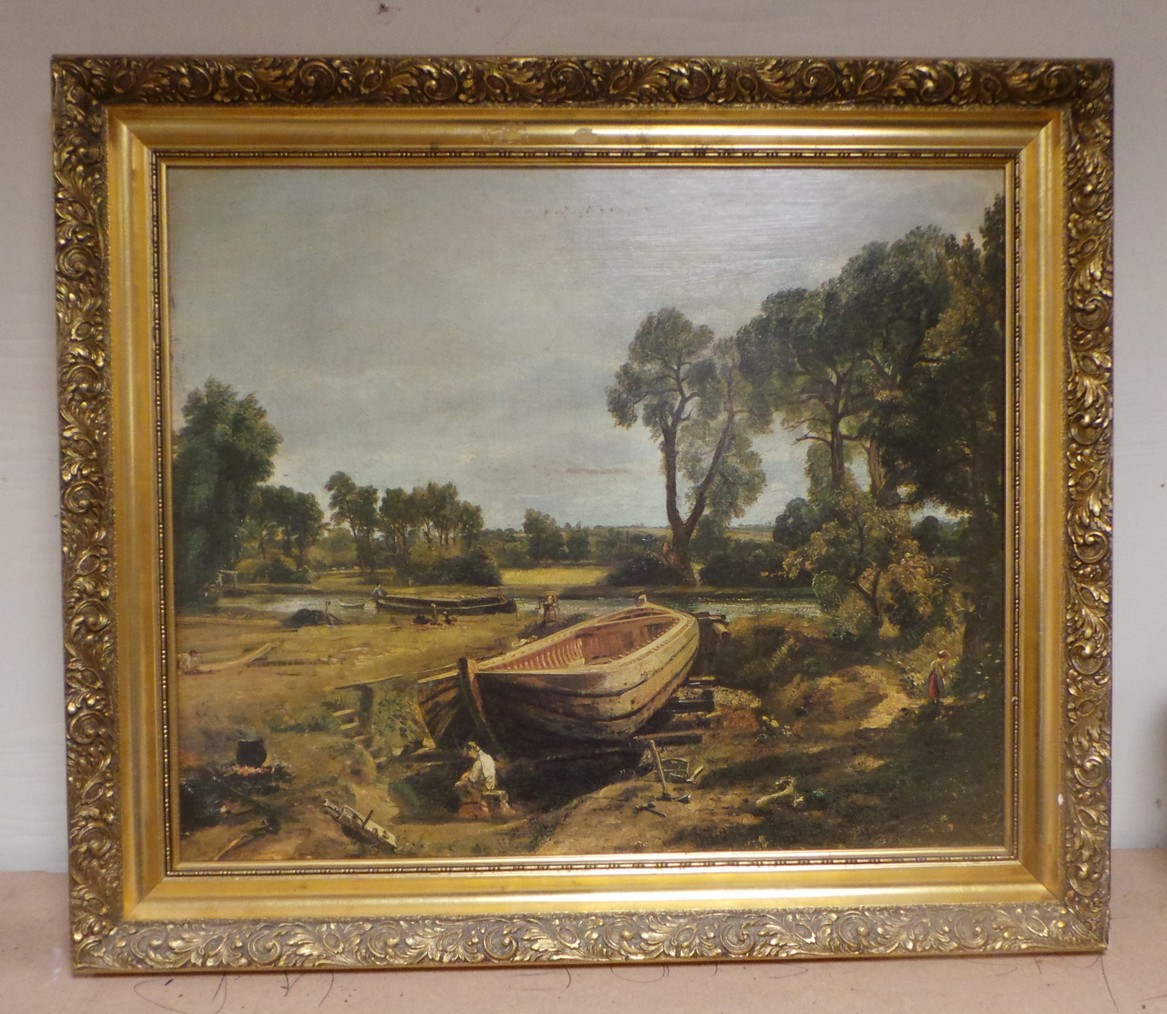 Gilt Framed Oil on Board Boat Scene