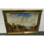 Large Gilt Framed Oil on Canvas - Dock Scene, Signed