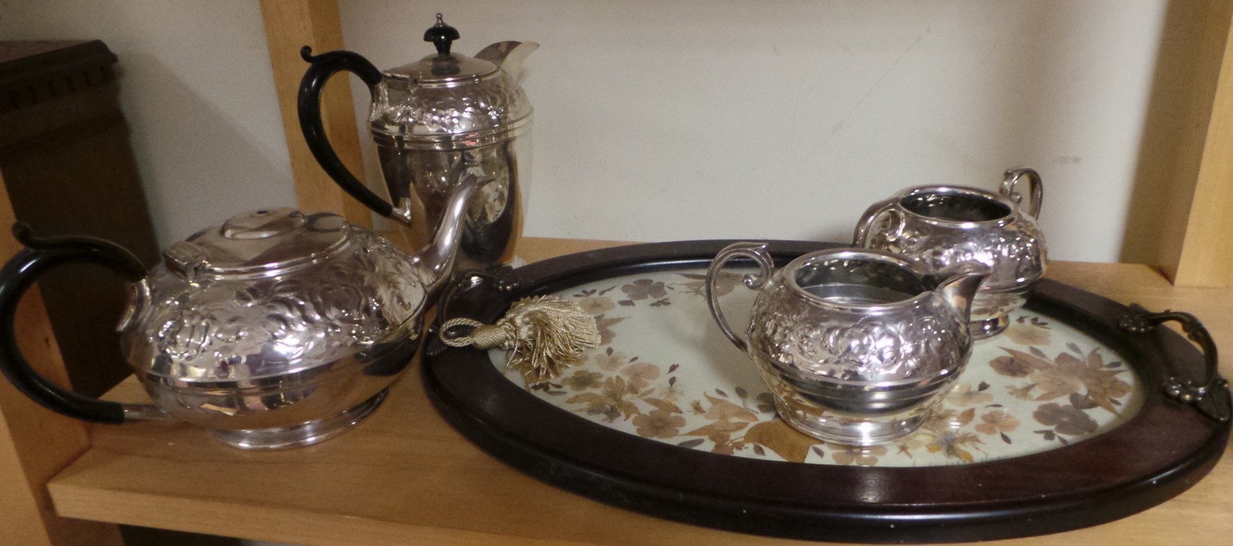 Flower embossed tray with handles and 4-piece EPNS Sheffield Tea Set