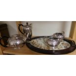 Flower embossed tray with handles and 4-piece EPNS Sheffield Tea Set