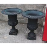 Pair of Cast Iron Green Garden Urns