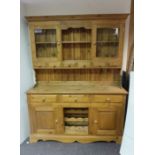 Large Farmhouse Pine Dresser with 2 Glazed Doors and Wine Rack