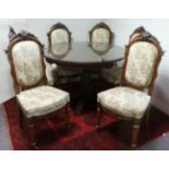 Circular Oak Table with glass top and 6x Carved Oak Dining Room Chairs