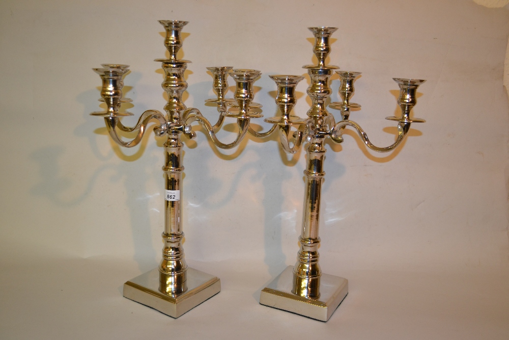 Pair of nickel plated five branch candelabra on square bases - Image 2 of 2