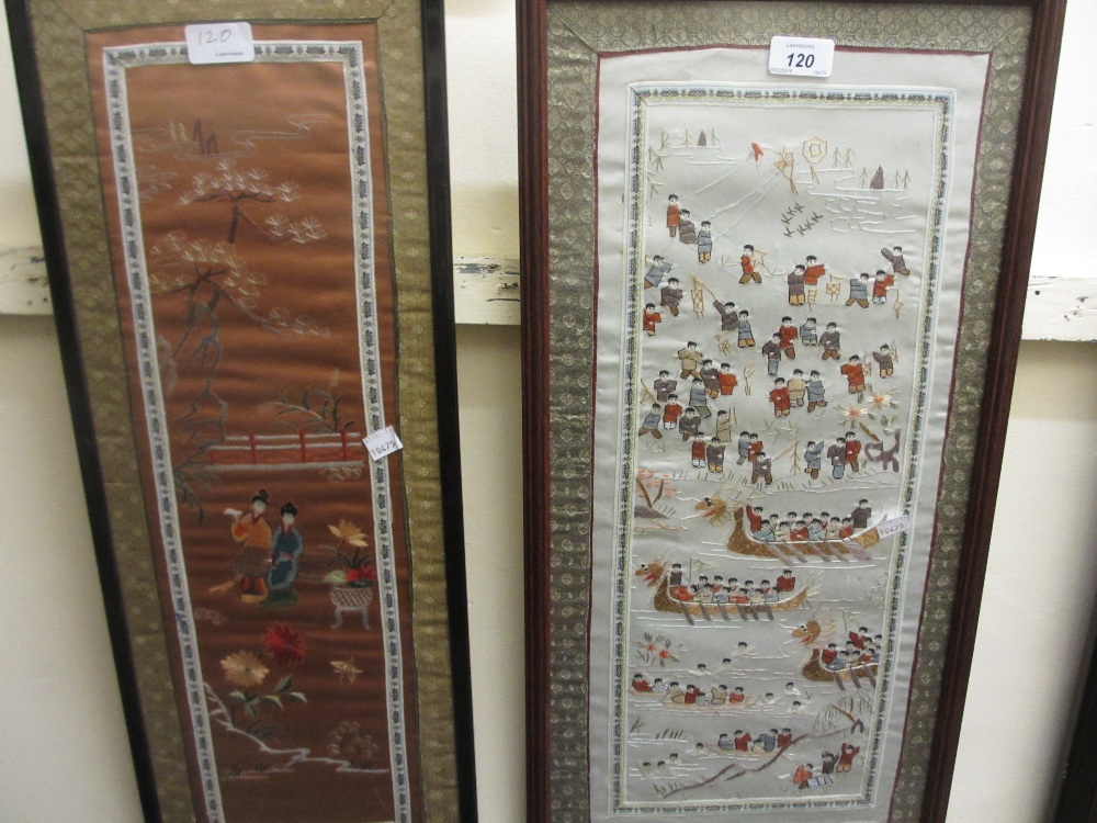 Two framed silk work sleeve panels and an oriental watercolour of flowers and birds - Image 2 of 3