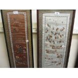 Two framed silk work sleeve panels and an oriental watercolour of flowers and birds