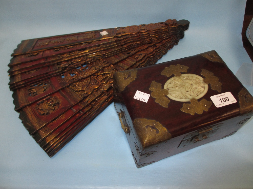 Oriental hardwood brass and jadeite mounted jewellery box and a large ornamental lacquer fan - Image 2 of 13