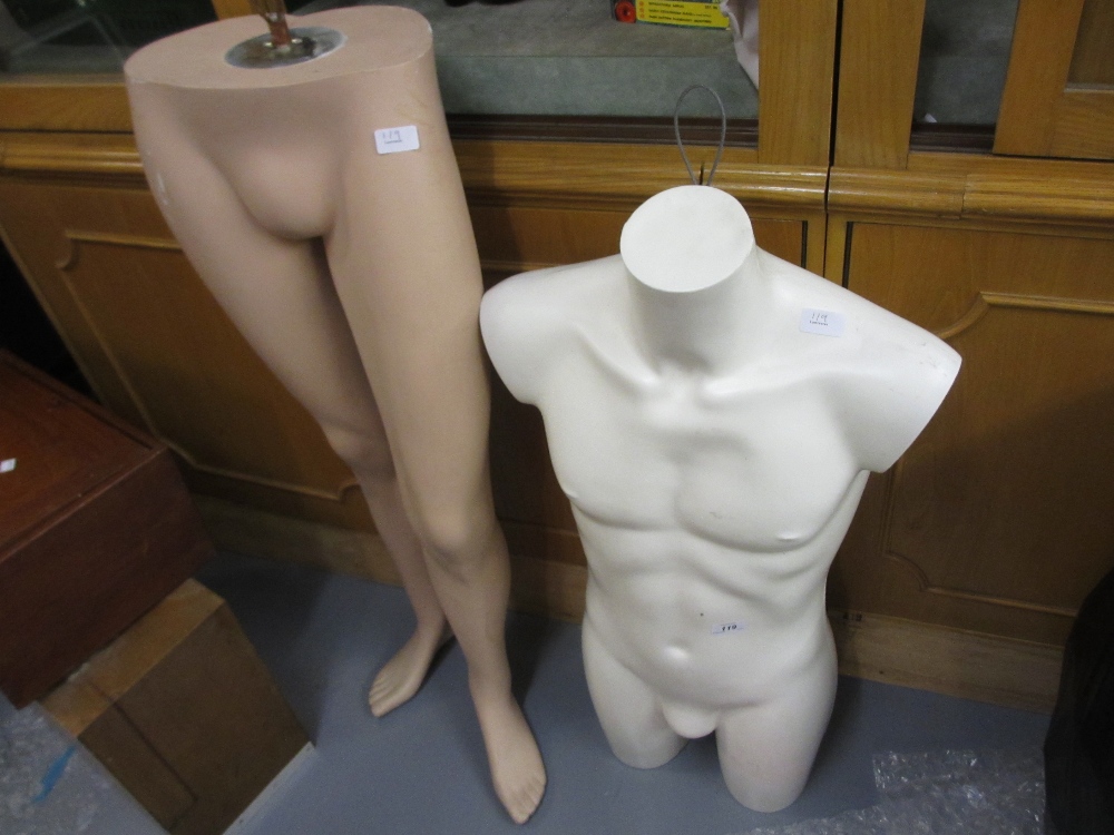 Male shop mannequin torso and a shop mannequin pair of legs