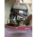 Box containing a quantity of various trade tins including a pair of Bakelite candlesticks etc.