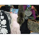 Fox fur stole, various evening bags,