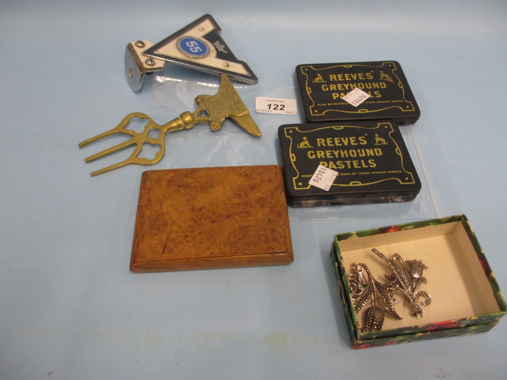 Birds eye maple cigarette case, two Reeves artist pastel boxes, a motoring organization badge,