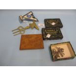 Birds eye maple cigarette case, two Reeves artist pastel boxes, a motoring organization badge,