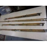 Two piece split cane fishing rod and three other various split cane fishing rods