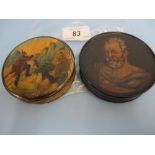 19th Century papier mache circular snuff box, painted with a portrait of Diogenes,