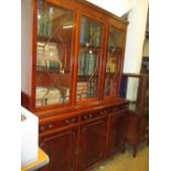 Reproduction yew wood three door bookcase, similar dwarf open bookcase,