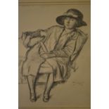 Harold Hope Read, pencil drawing, portrait of a seated lady wearing a wide brimmed  hat,