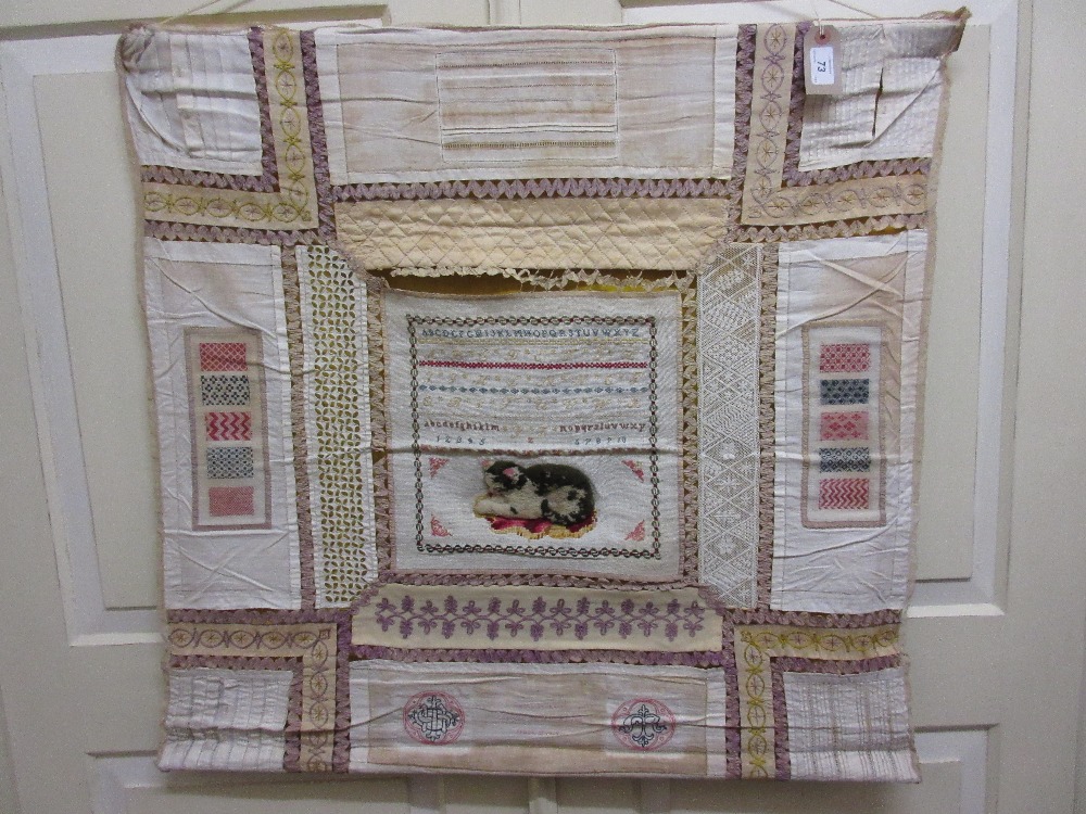 Unusual 19th Century needlework stump work lace and embroidery sampler with a hand worked patchwork