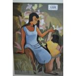 Continental gouache, study of a woman with child in garden scene, signed U.T.A.