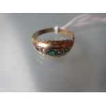 9ct Gold ring set pearls and green paste