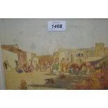 North African hand coloured etching, figures in a market scene, unsigned,