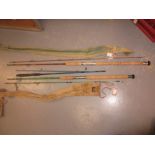 Milwards two piece split cane fishing rod and two other fishing rods