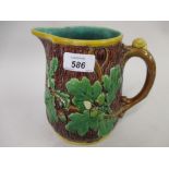 Minton Majolica jug relief moulded in the form of tree bark, oak leaves and acorns,