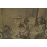 Harold Hope Read, group of three pencil drawings, interior scenes with figures seated in armchairs,