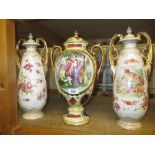 Pair of Continental porcelain two handled baluster form vases with covers,