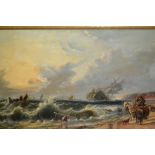 19th Century oil on canvas, coastal shipwreck scene with figures and horses on a beach, 22.