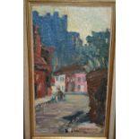 Arthur D' Albertson R.O.I., signed oil, figure in a back street with castle beyond, 12.