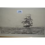 Roland Langmaid, signed etching, square rigger on the open sea with distant boats, 9ins x 14.